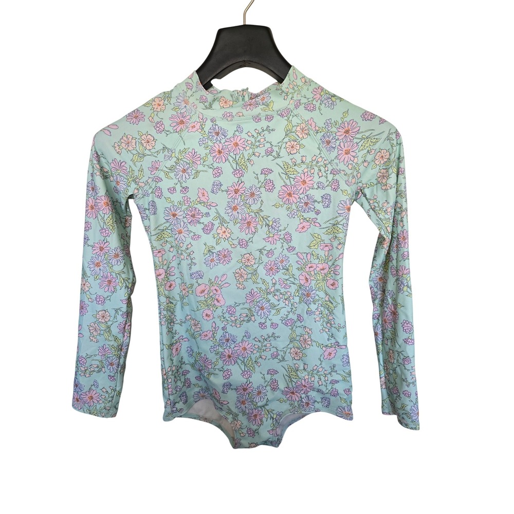 OshKosh Girls Mint Floral Long Sleeve One Piece Rash Guard Swimsuit Size‎ 12 12A
